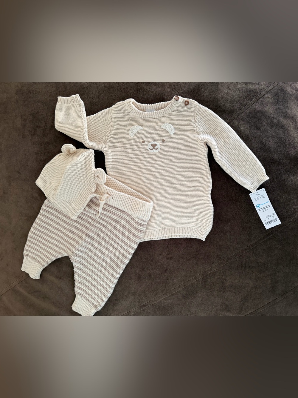 Carter's Cream Knit Bear Sweater, Striped Pants & Hat Set